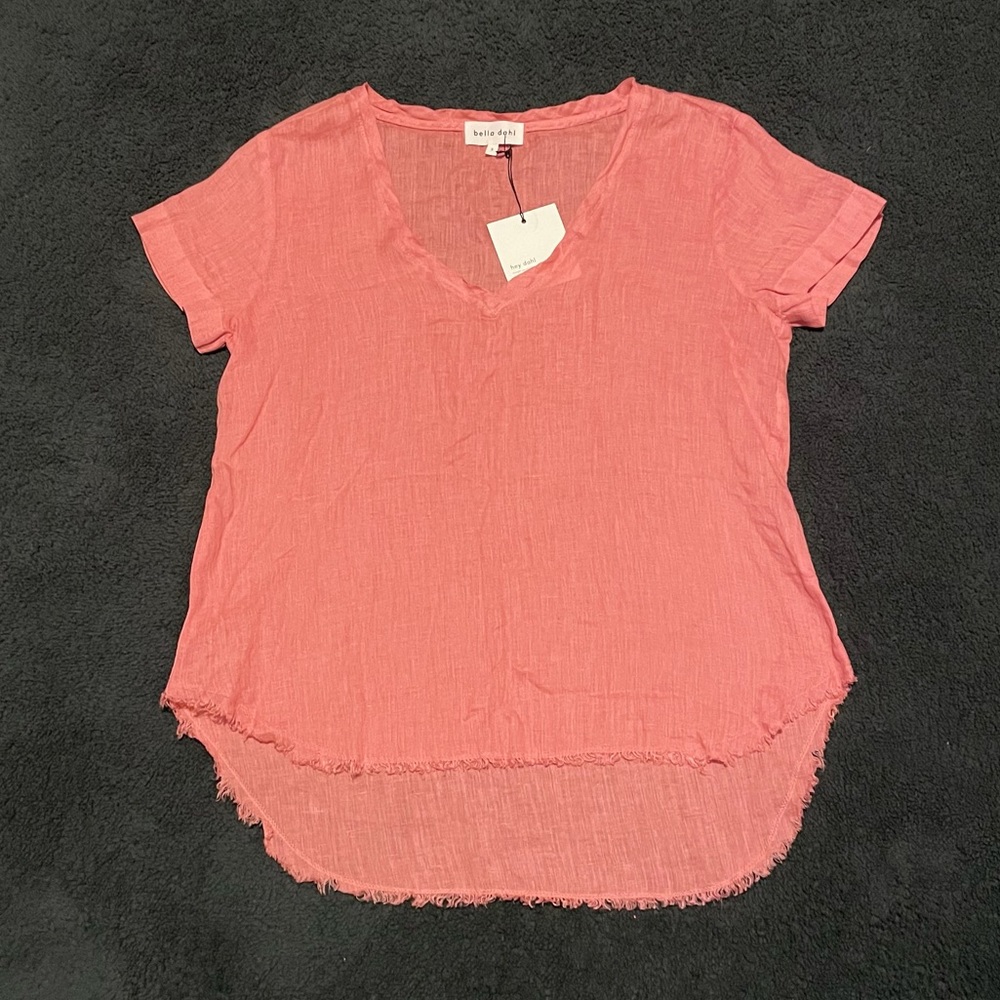 Bella Dahl 100% Linen Pink V-Neck Frayed Hem Lightweight Top size Small